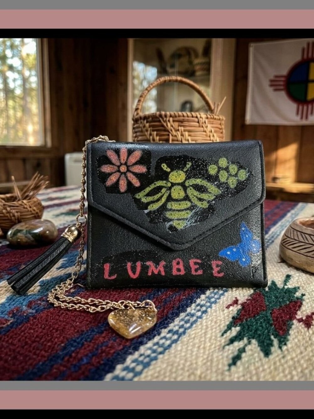 Black Leather Mini Hand Painted Lumbee Wallet